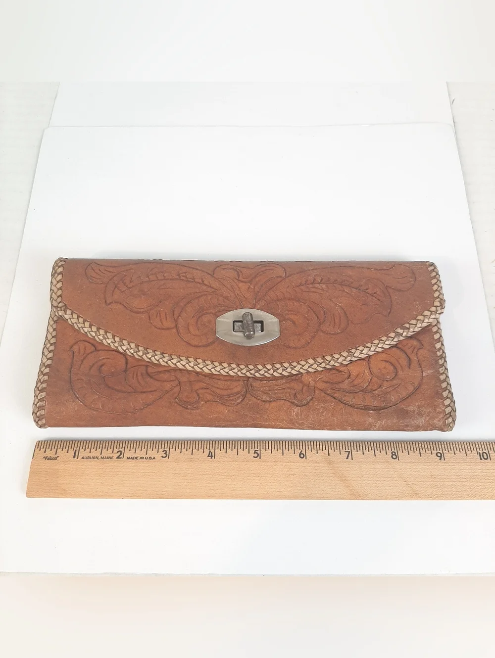 🛍Vintage Hand Tooled Leather Whipstitch Western Tri Fold Floral Wallet TurnLock